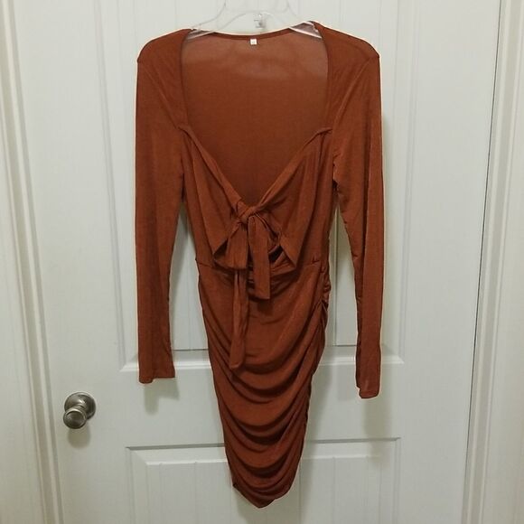 Coffee Long Sleeve Halter V-Neck Silk Bodycon Mini Dress sz Medium - Picture 9 of 14